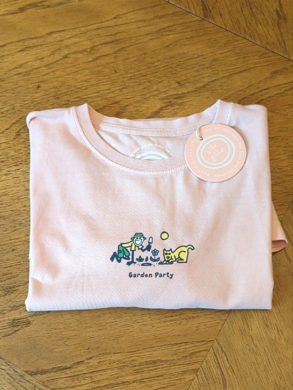 Life Is Good Peachy Pink Comfort Color  'Garden Party' Graphic Tee NWT
